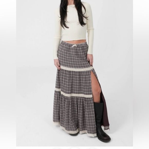 Dresses & Skirts - Grey Bandit Montana Skirt Brown & Cream Plaid & Lace Maxi Skirt, Side Slit,  M